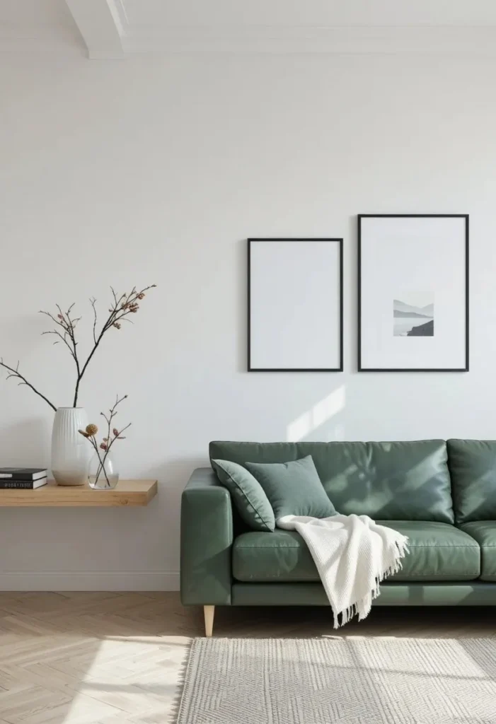 Minimalist living room with white walls and green leather couch styled with black frame art and light oak shelf
