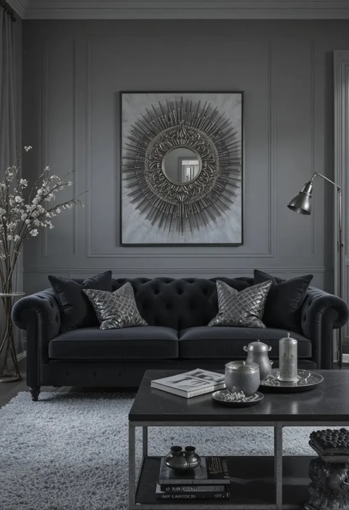 Black couch living room styled in monochrome grey tones
