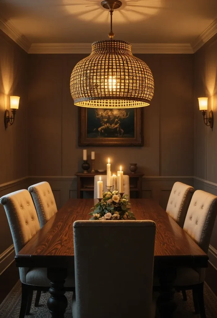  Layered lighting in a small dining room with a rattan pendant light, wall sconces, and candles for a warm evening glow.
