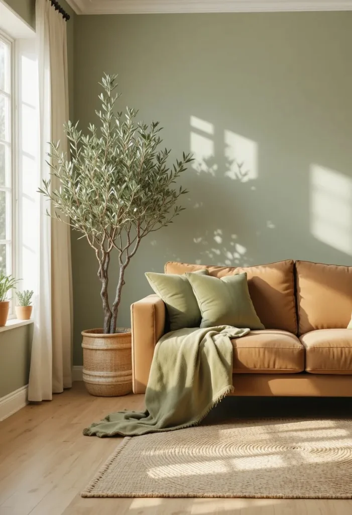  Brown sofa styled with sage green velvet cushions olive tree and sage green walls for a fresh nature inspired living room