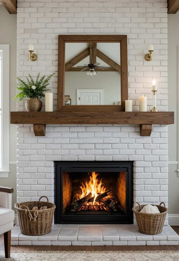 Farmhouse living room with white brick fireplace wooden framed mirror pillar candles and woven firewood basket
