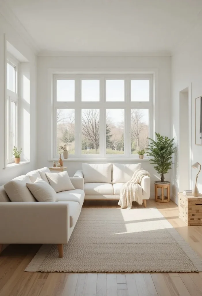 Small living room with light color palette in soft white and cream tones to make the space feel bigger and more open.
