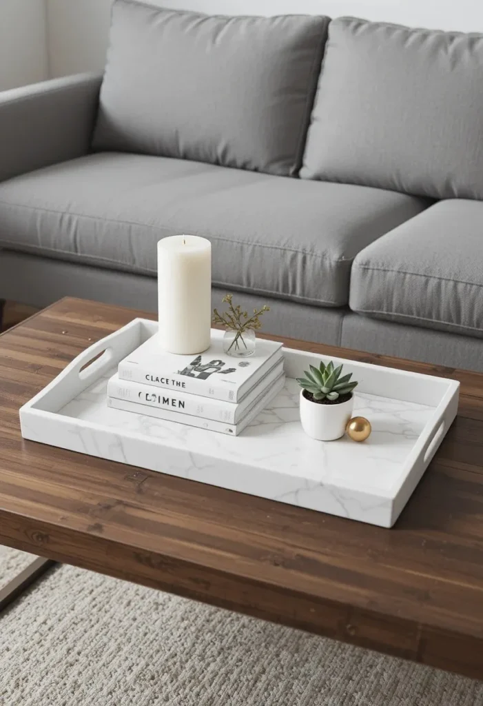 Styled marble coffee table tray with candle books and succulent in front of grey couch living room
