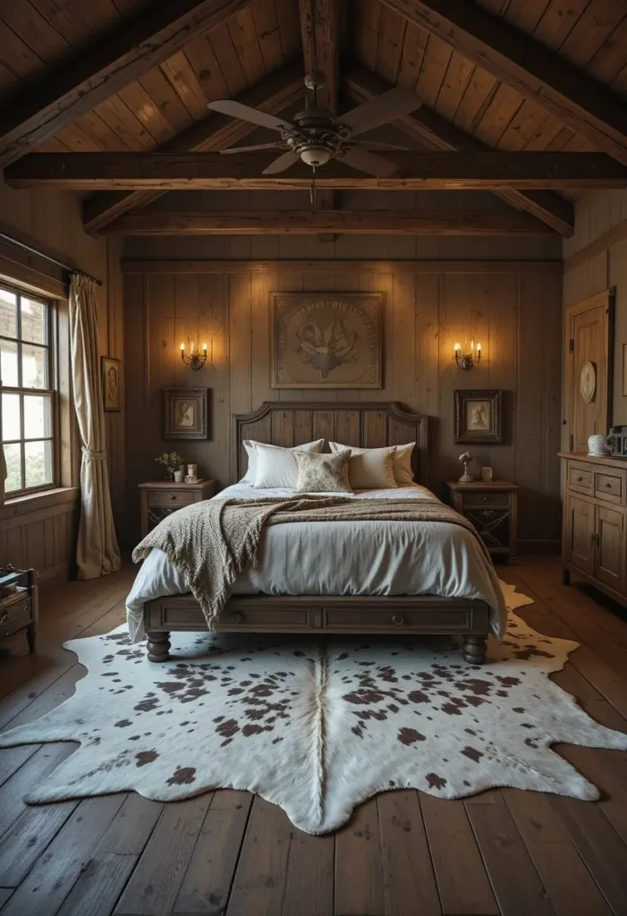 Cowhide rug in a rustic western-style bedroom under a wooden bed
