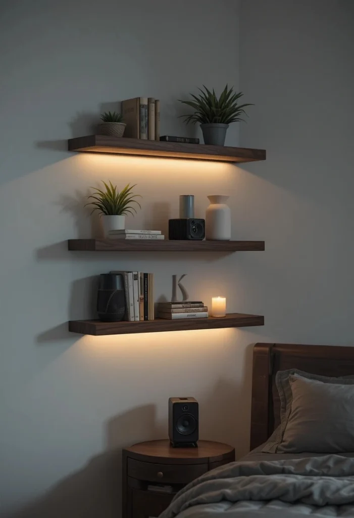 Men bedroom floating dark wood shelves styled with plants books candle and speaker
