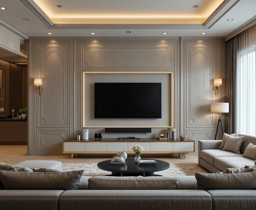 Beautiful TV wall design in a modern living room with stylish decor and warm lighting.