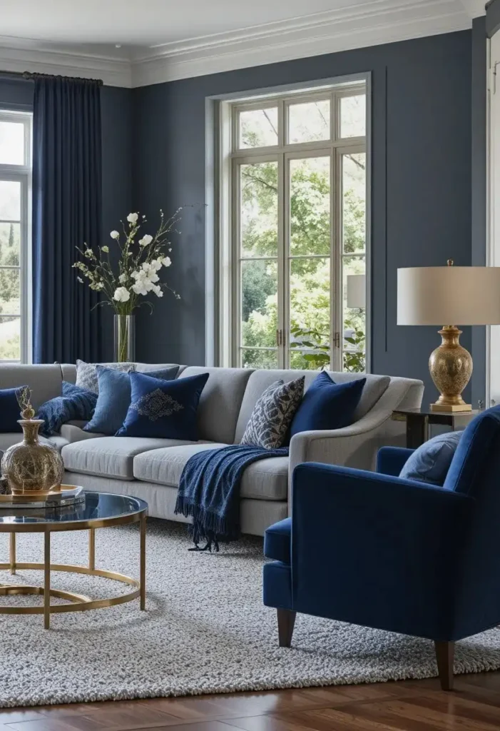 Grey couch living room with navy blue velvet cushions armchair and gold brass accents in sophisticated styling