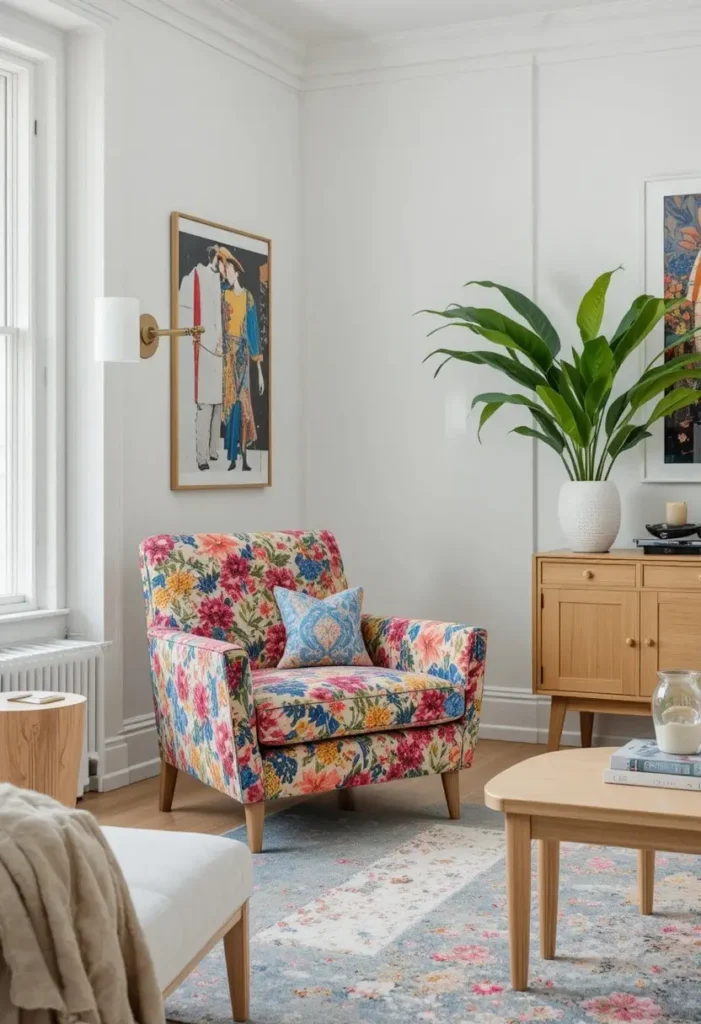  "Bold printed accent chair as a focal point in a simple neutral living room with white walls"