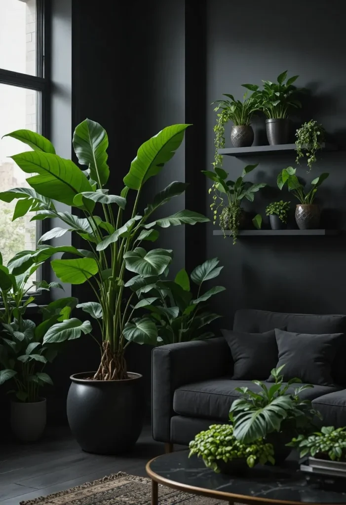 Black living room with large fiddle leaf fig trailing pothos monstera plants and warm soft lighting
