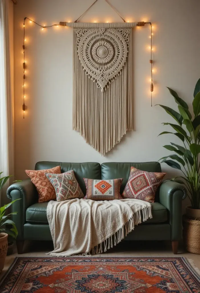Green leather couch in a bohemian living room with macrame wall hanging kilim pillows and warm string lights