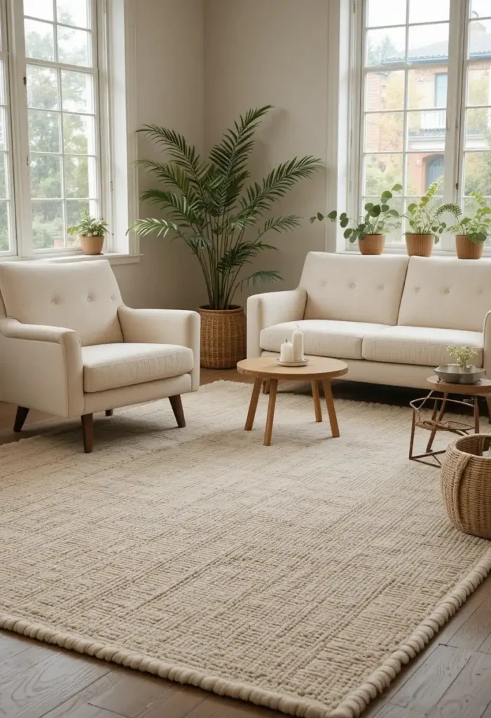 Large soft ivory rug anchoring the seating area in a small living room with sofa legs resting on it to tie the space together.
