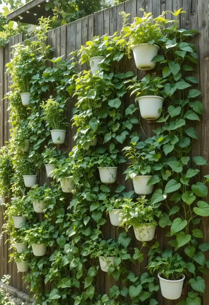 Patio vertical garden on a wooden fence wall with mixed green trailing plants and wall mounted ceramic pots
