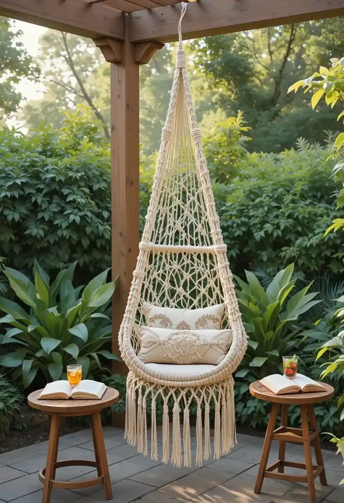 Boho patio with a macrame hanging chair beside a small wooden table with a book in warm afternoon light
