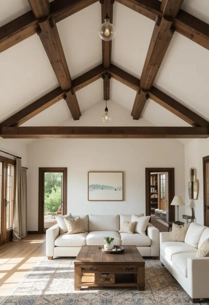 Farmhouse living room with dark walnut wooden ceiling beams white ceiling cream sofa and warm Edison bulb pendant lights
