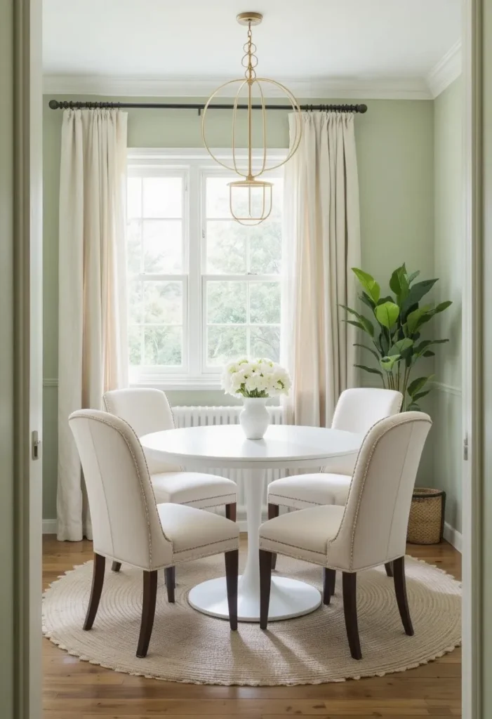 Small dining room with pale sage green walls, white round table, cream chairs, and linen curtains for a soft and airy feel.
