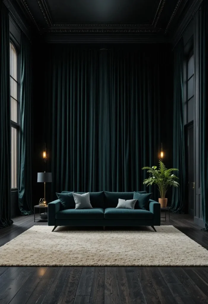 Black living room with floor to ceiling forest green velvet curtains pooling on floor charcoal sofa and golden lighting
