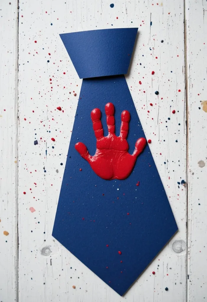 Handprint tie card fathers day craft for kids made with navy cardstock and red paint
