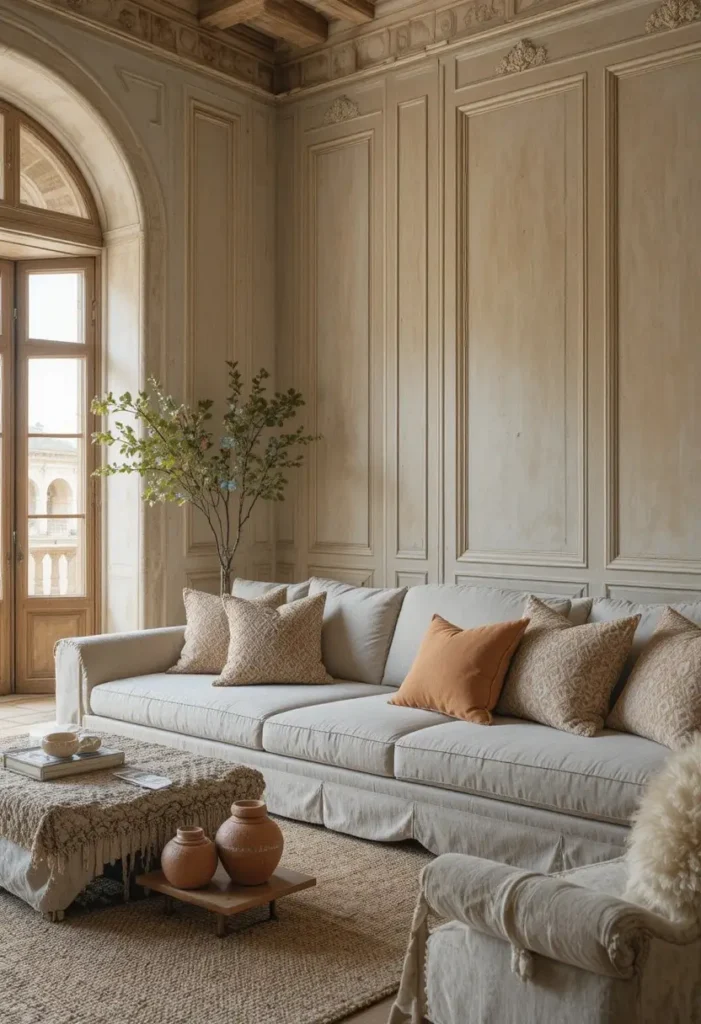 Limewash textured wall paneling creating a soft and timeless look.
