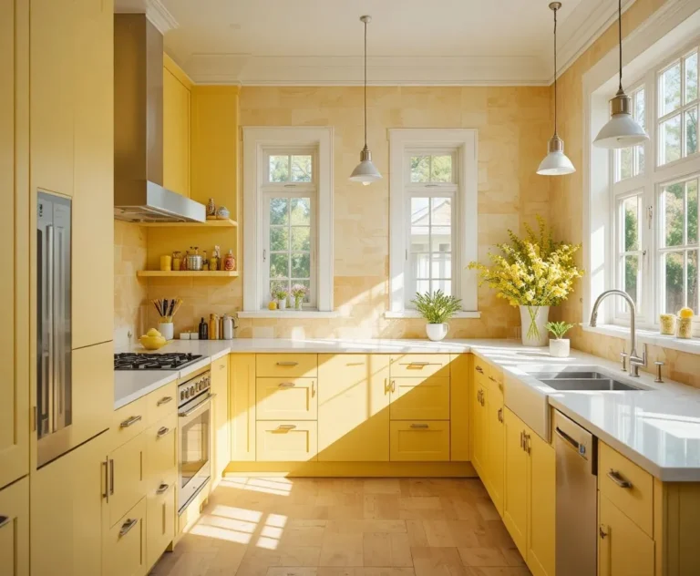 Yellow kitchen interior design featuring cabinets, accents, and decor in a bright modern farmhouse style with natural light.