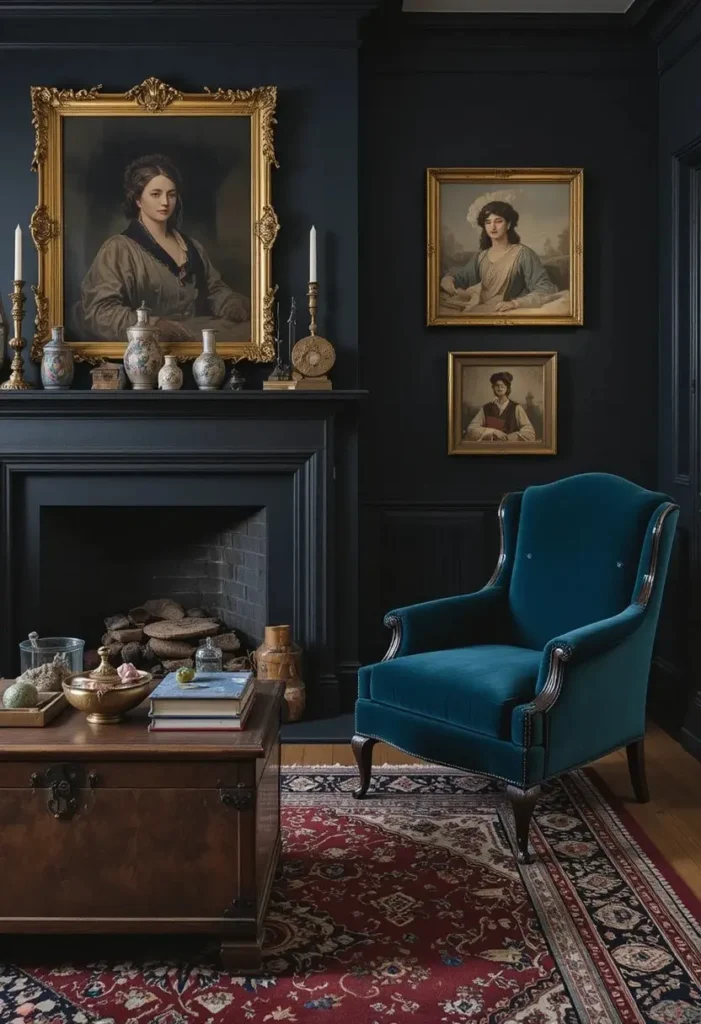 Black living room with vintage wooden chest antique teal velvet armchair brass candlesticks and Persian rug