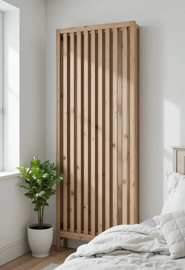 Scandinavian minimal oak slatted radiator cover in a calm white bedroom with linen textures and soft natural light