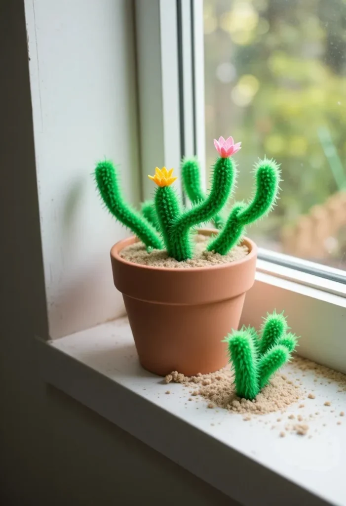 Handmade green pipe cleaner cacti with tiny pink and yellow flower tips arranged in a blush painted terracotta pot on a sunny windowsill.