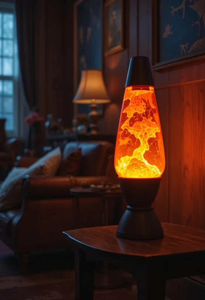 Glowing lava lamp on wooden table in retro living room