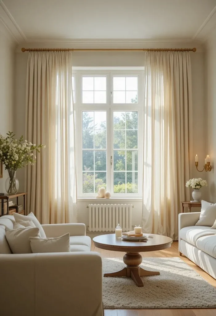 Apartment living room with ivory linen curtains hung high and wide near the ceiling creating the illusion of tall ceilings and a dramatic airy feel.
