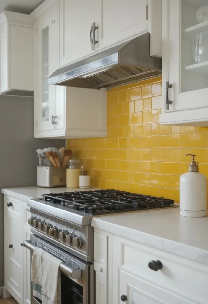 
 Yellow subway tile backsplash in a modern kitchen with white cabinets and clean design.
