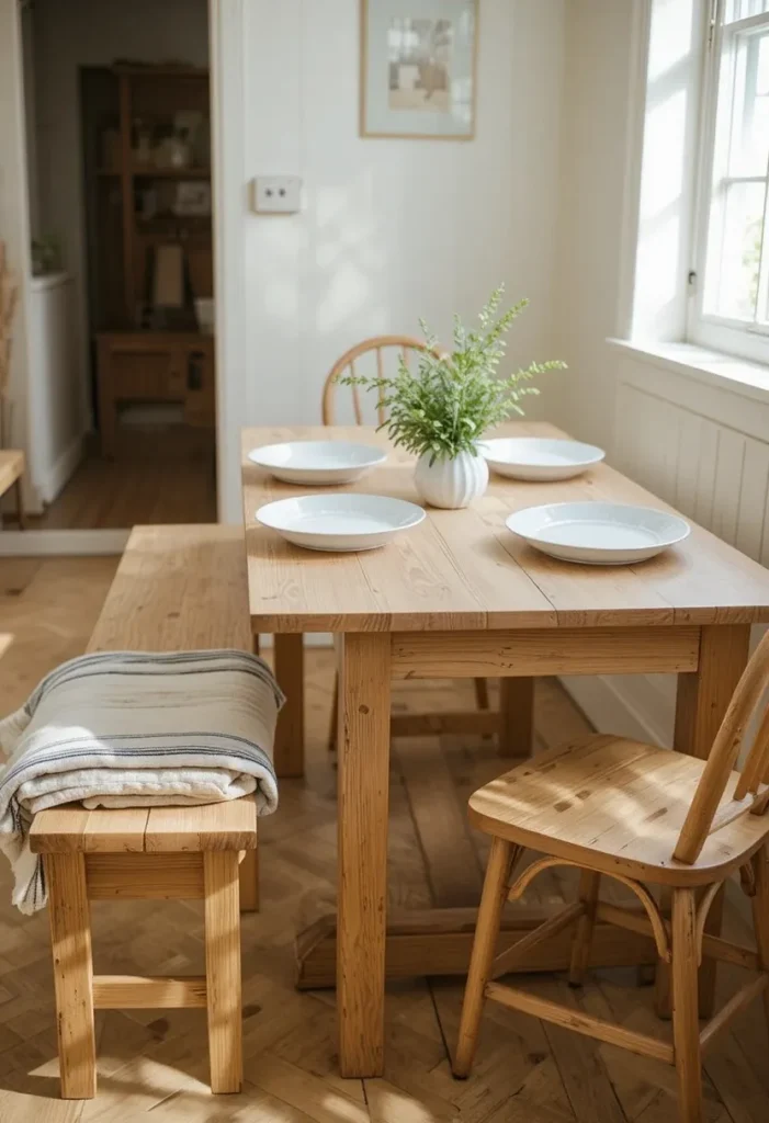 Small oak kitchen table with a wooden bench and striped linen cushion and a single chair in a cozy Scandinavian kitchen