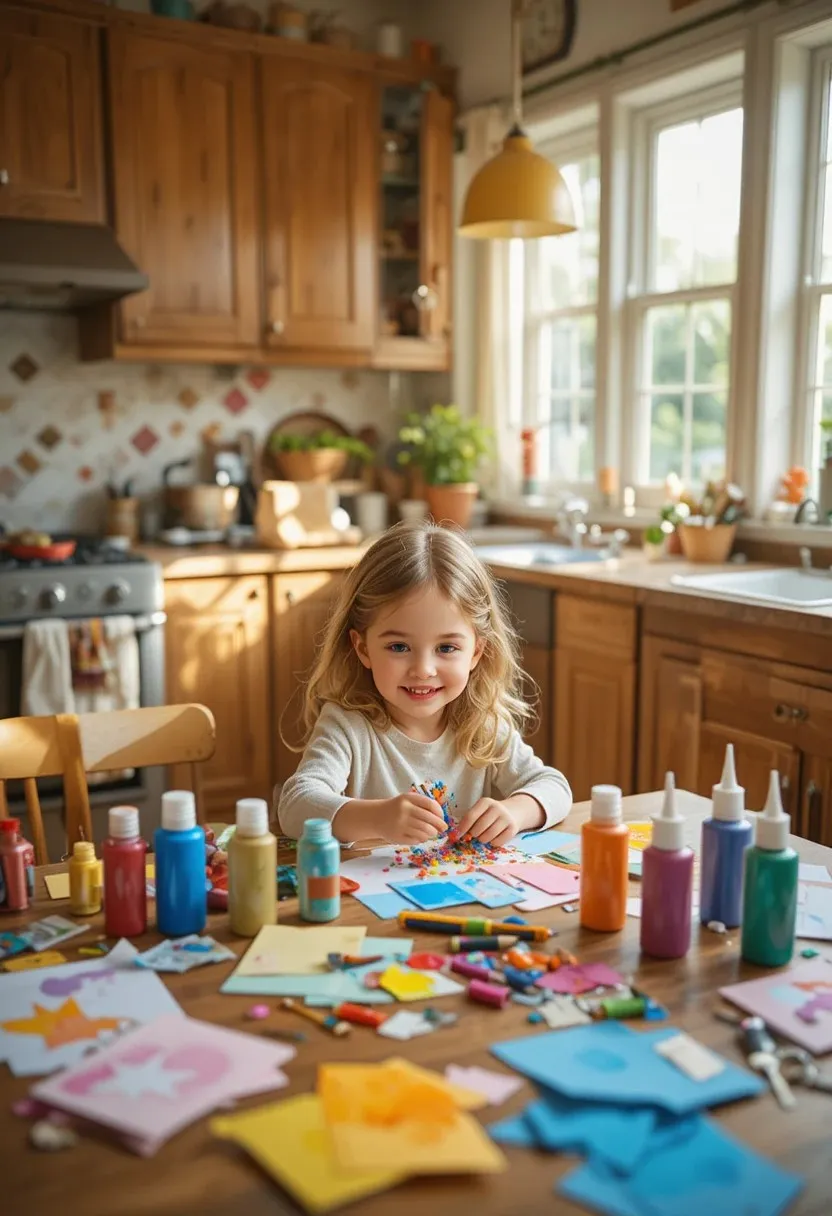 Fathers day crafts for kids laid out on a bright kitchen table with paint and cardstock