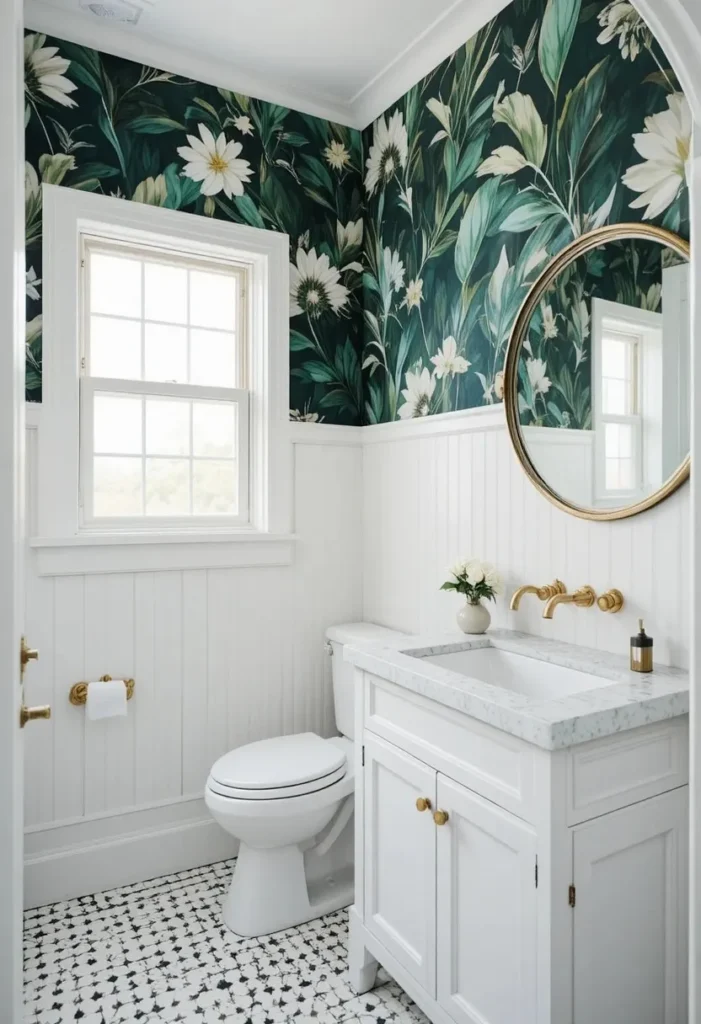 Bold botanical wallpaper accent wall in small full bathroom with white walls brass mirror and modern vanity
