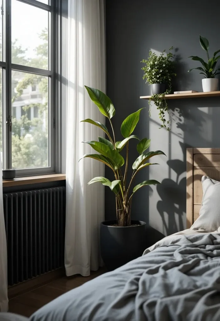 Men bedroom with tall snake plant and trailing pothos adding natural green energy
