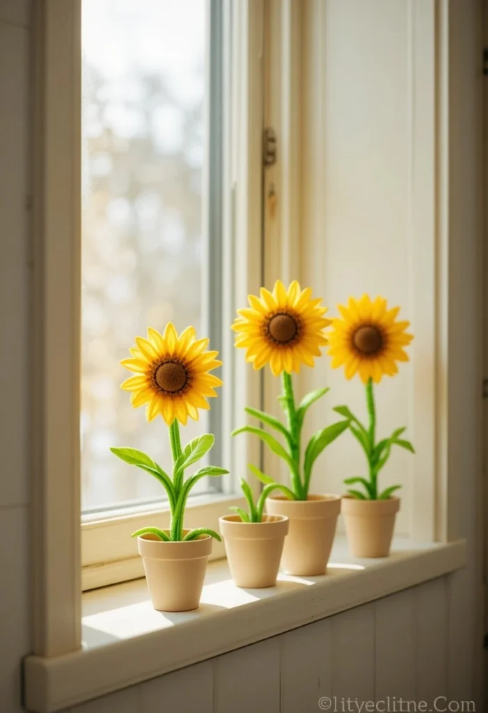  Handmade yellow pipe cleaner sunflowers with brown centers in cream terracotta pots on a bright farmhouse kitchen windowsill
