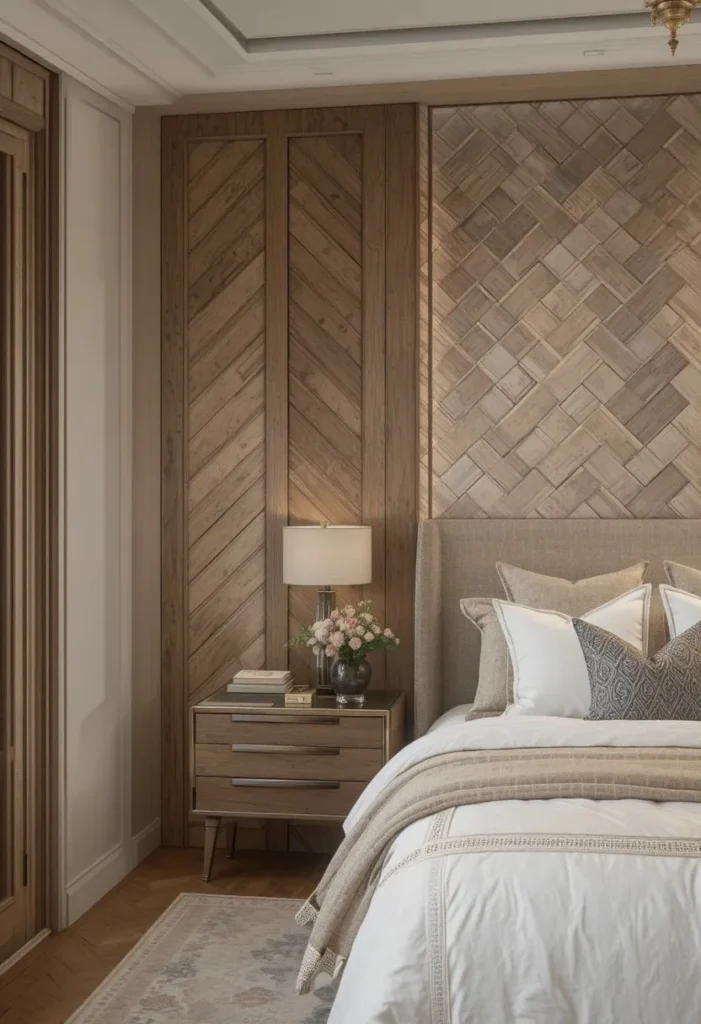 Herringbone wood wall paneling creating a timeless and elegant focal point.