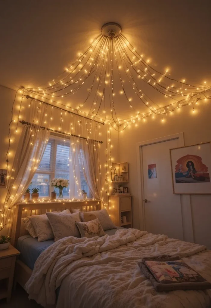 Layered string lights creating a cozy mood in a teen bedroom
