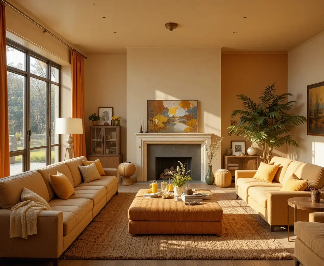 70s living room with burnt orange and mustard yellow color palette