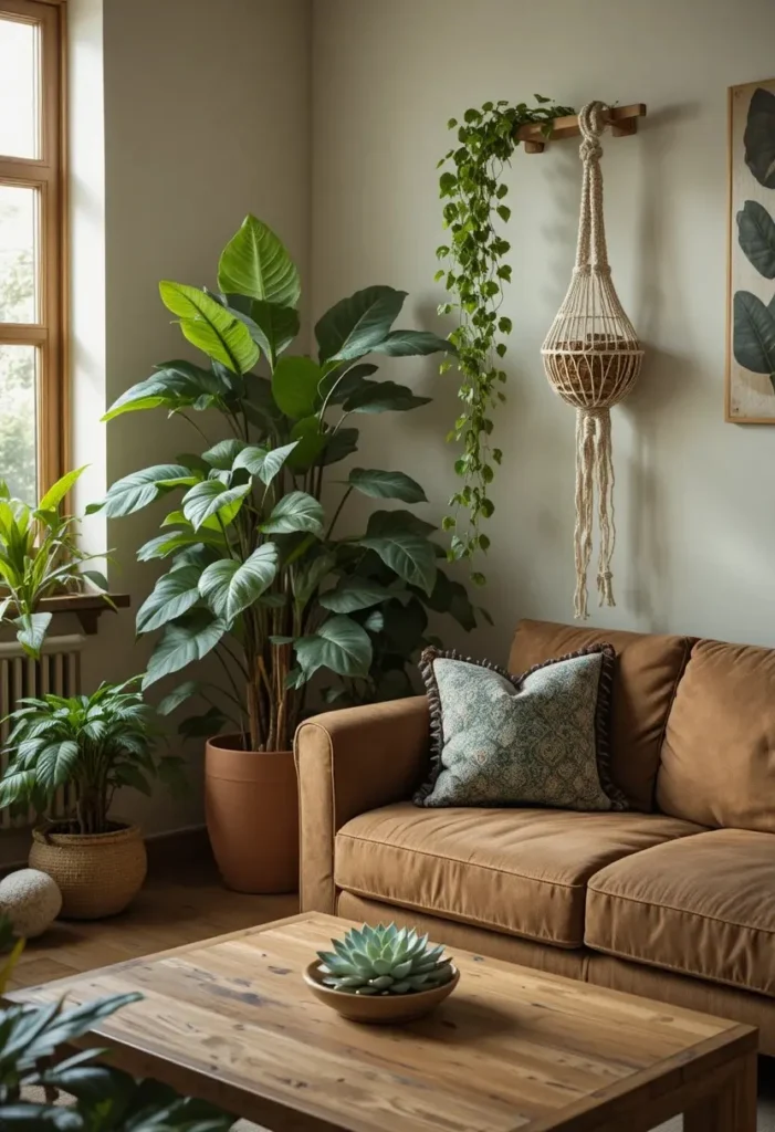 Brown couch living room styled with fiddle leaf fig trailing pothos and succulents at different heights in warm natural light
