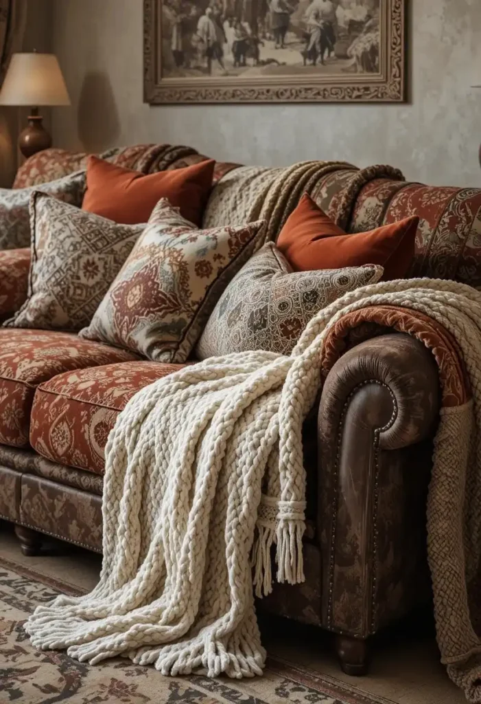 Boho living room sofa layered with chunky knit throws velvet cushions and woven blankets in warm earthy tones