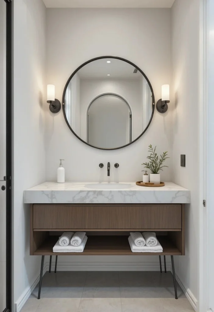Minimalist bathroom vanity with white sink glass dispenser round mirror and warm sconce lighting in a spa like bathroom
