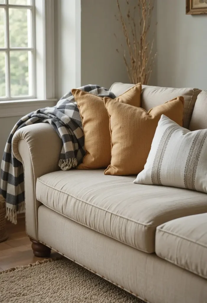 Farmhouse living room sofa with cozy plaid throw layered linen cushions and soft natural window light