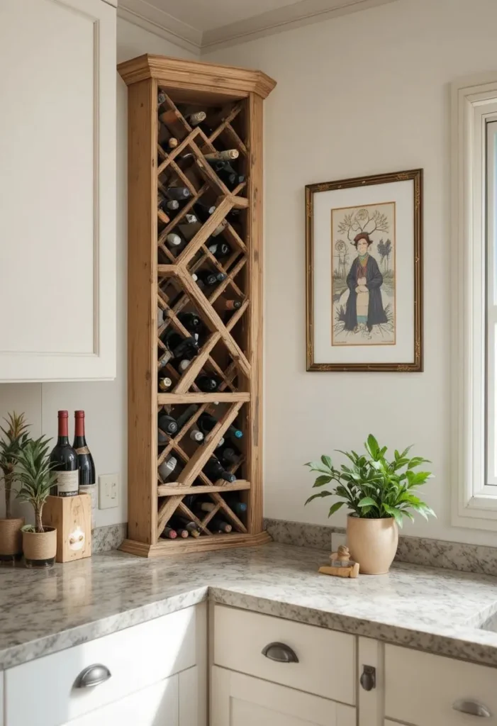 Wooden corner wall wine rack maximizing unused kitchen corner space.
