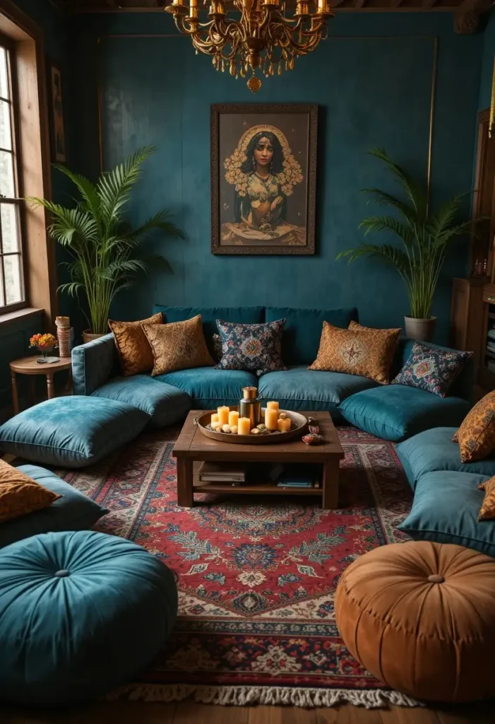  Boho floor cushion seating arrangement with jewel tone poufs around low wooden coffee table on vintage patterned rug
