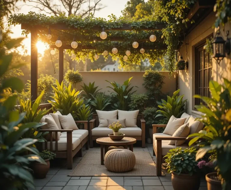 Beautiful patio decorating ideas with cozy seating, string lights, and potted plants in warm golden hour light
