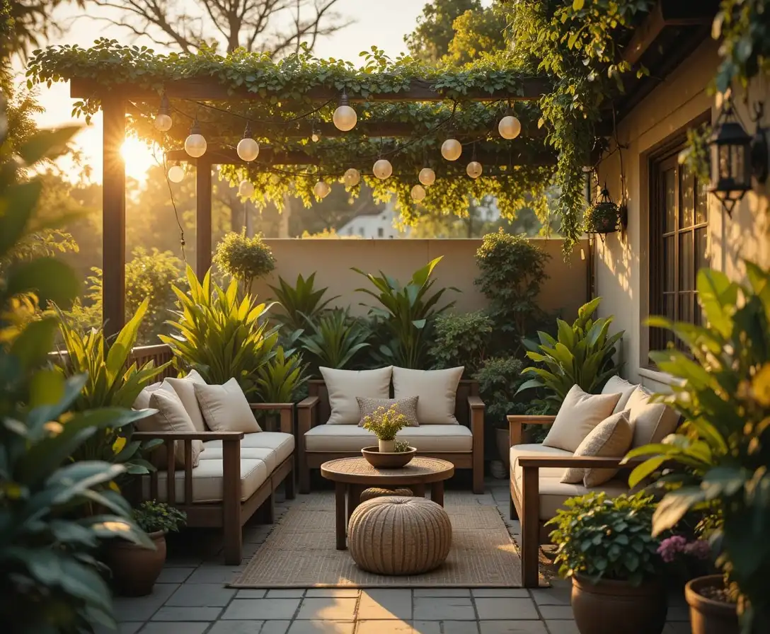 Beautiful patio decorating ideas with cozy seating, string lights, and potted plants in warm golden hour light