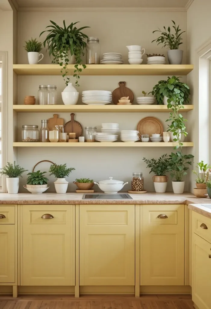  Yellow open kitchen shelves styled with dishes, jars, and plants in warm light.
