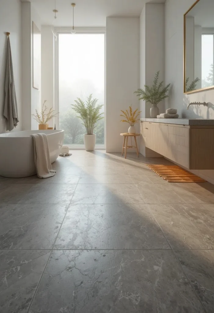Warm heated bathroom floor with large grey porcelain tiles and soft morning light in a spa like bathroom
