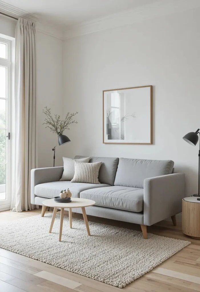 Gray sofa with slim exposed wooden legs in a small living room creating an open and airy feel by showing floor space underneath.