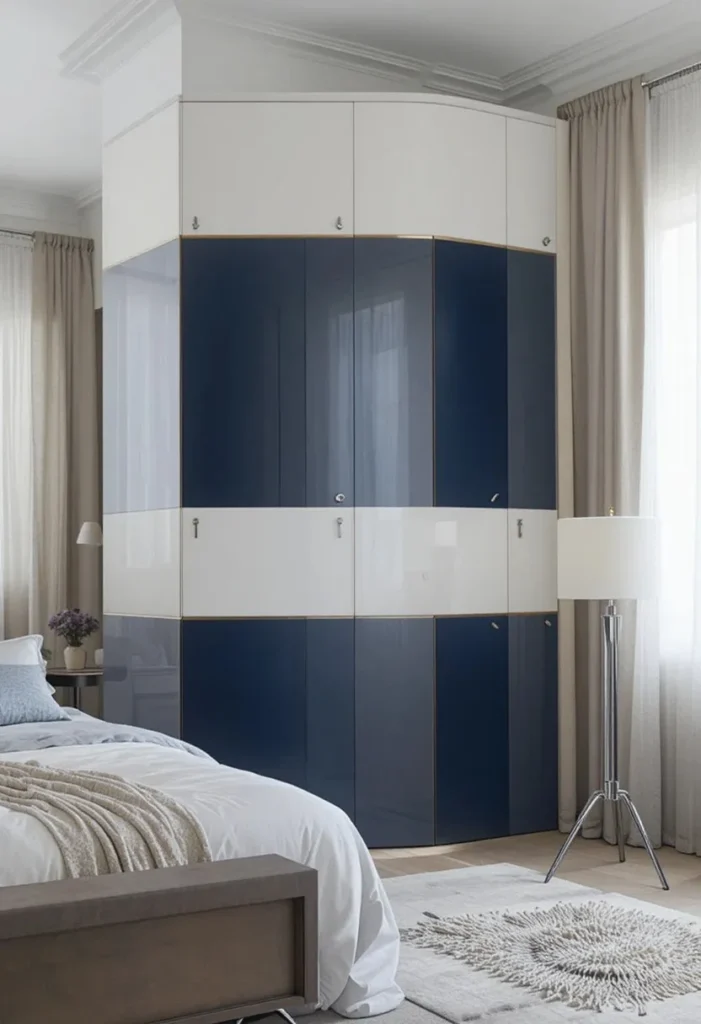 Two-tone wardrobe with stylish contrasting colors in modern bedroom
