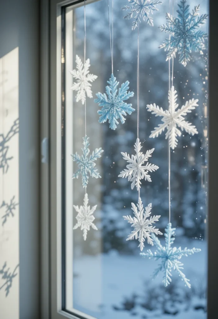  Handmade white blue and silver pipe cleaner snowflakes hanging at different heights in front of a frosted winter window